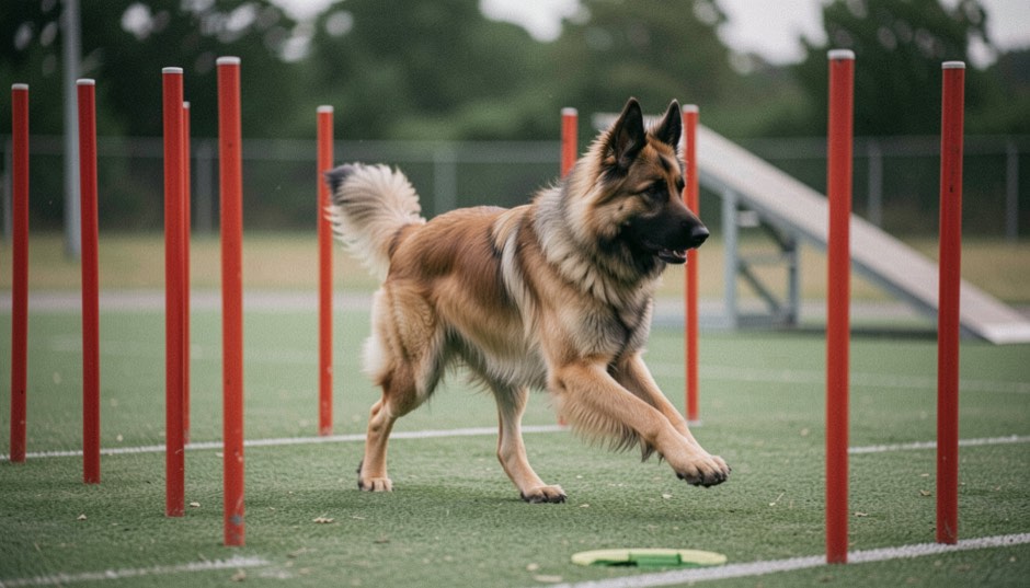 Belgischer Schäferhund Tervueren, mit aufrechten dreieckigen Ohren und schlankem, quadratischem Körperbau, langhaarig, falbfarben mit schwarzer Maske und schwarzen Haarspitzen, läuft in Schräglage im Slalom zwischen roten Stangen auf einem Rasenplatz, dahinter unscharf ein Steg