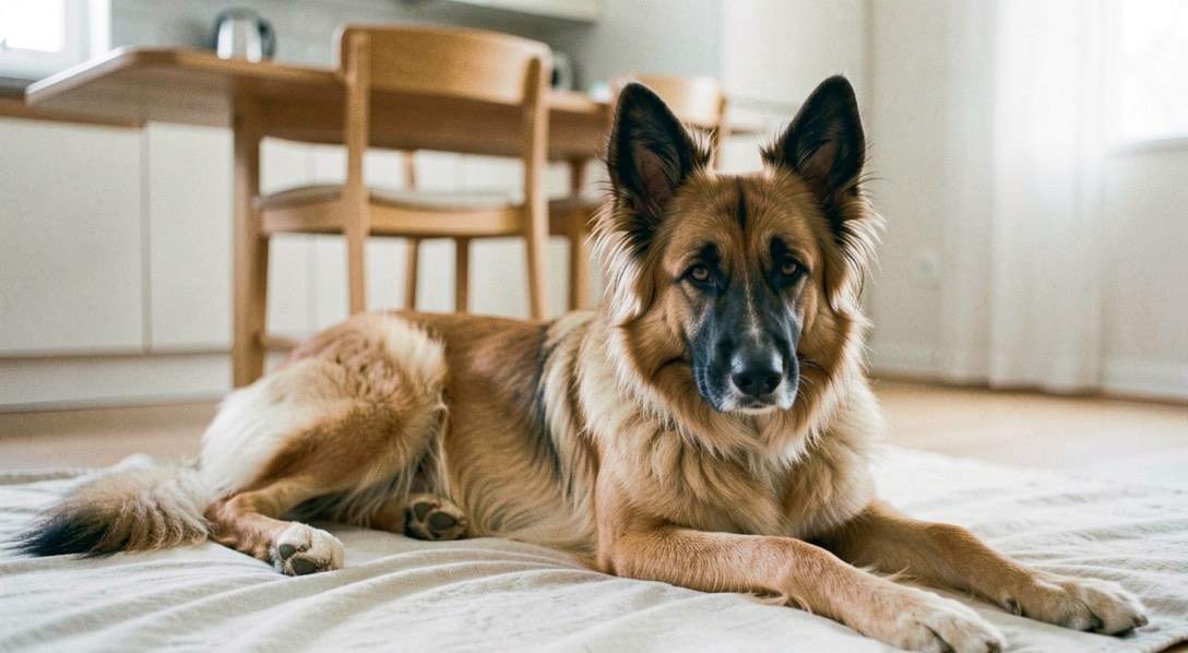 Junger Belgischer Schäferhund Tervueren, mit aufrechten dreieckigen Ohren und schlankem, quadratischem Körperbau, langhaarig, falbfarben mit schwarzer Maske und schwarzen Haarspitzen, liegt entspannt auf einer Decke in einem hellen Wohnraum, im Hintergrund unscharf ein Küchentisch