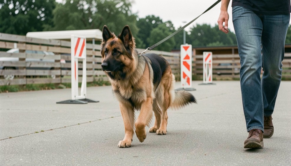 Belgischer Schäferhund Tervueren, mit aufrechten dreieckigen Ohren und schlankem, quadratischem Körperbau, langhaarig, falbfarben mit schwarzer Maske und schwarzen Haarspitzen, geht bei Fuß neben einer Person über einen betonierten Vereinsplatz mit Bretterzaun und aufgestellten Verkehrshütchen