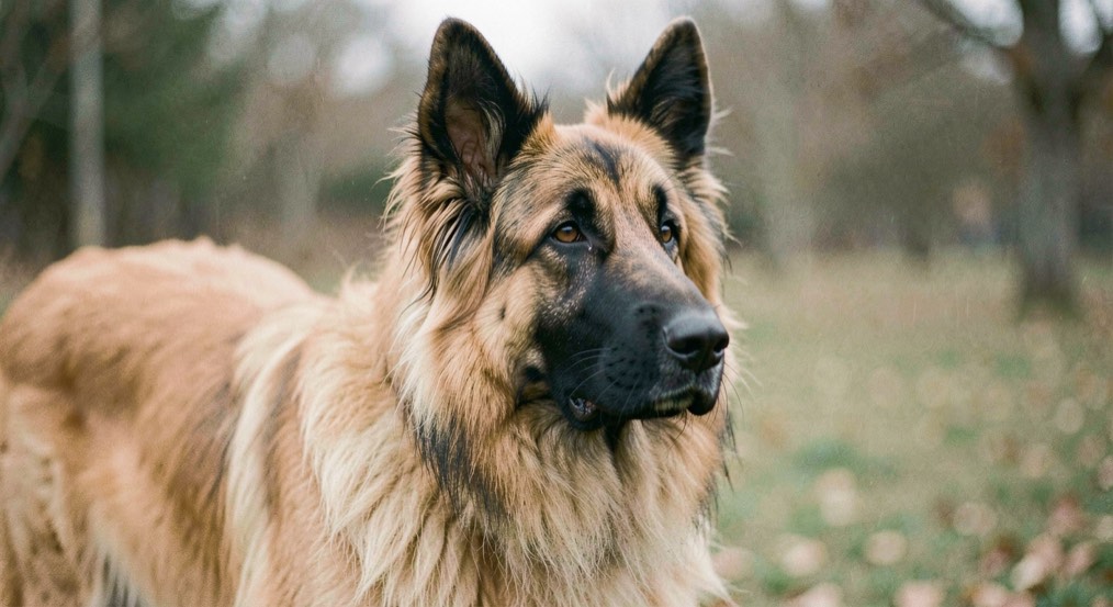 Nahaufnahme vom falbfarbenen Nackenfell eines Belgischen Schäferhundes der Varietät Tervueren, mit aufrechten dreieckigen Ohren und schlankem, quadratischem Körperbau, langhaarig, falbfarben mit schwarzer Maske und schwarzen Haarspitzen, und dem Übergang zur schwarzen Gesichtsmaske