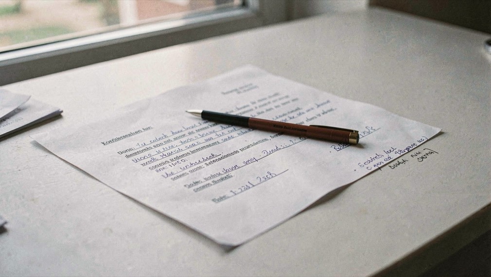 Rotstift liegt quer über einem korrigierten Ausdruck mit sichtbaren Randnotizen auf einem hellen Tisch im Fensterlicht