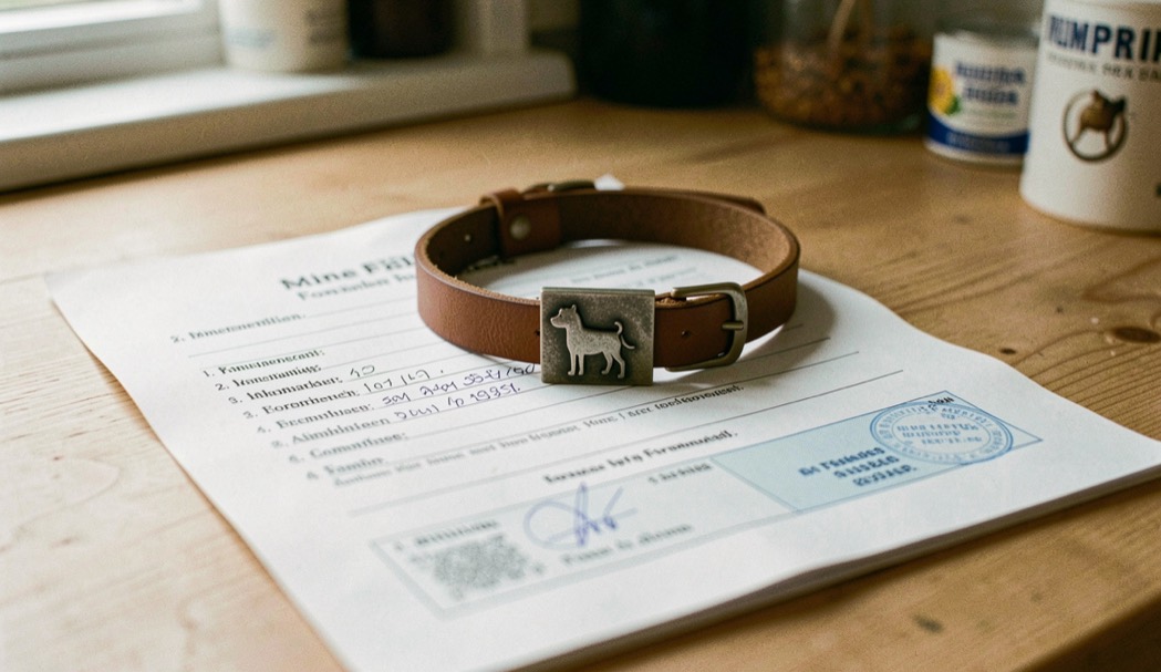 Kleine metallene Hundesteuermarke an einem Lederhalsband, das auf einem amtlichen Formular auf einem Küchentisch liegt