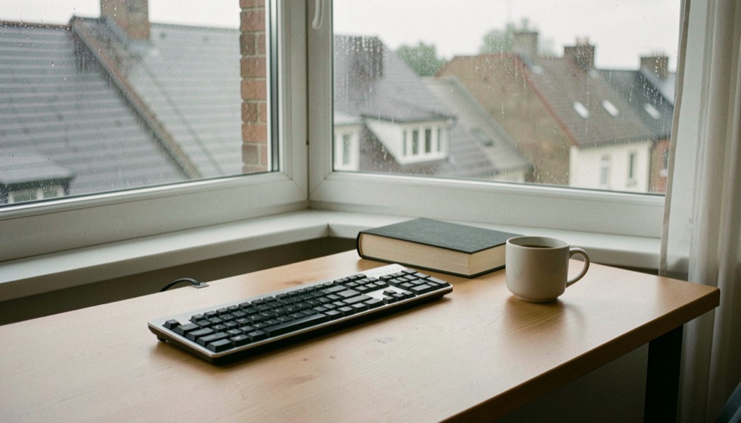 Leerer Schreibtisch mit Tastatur, geschlossenem Notizbuch und einer Tasse Kaffee neben einem Fenster mit regennassen Dächern