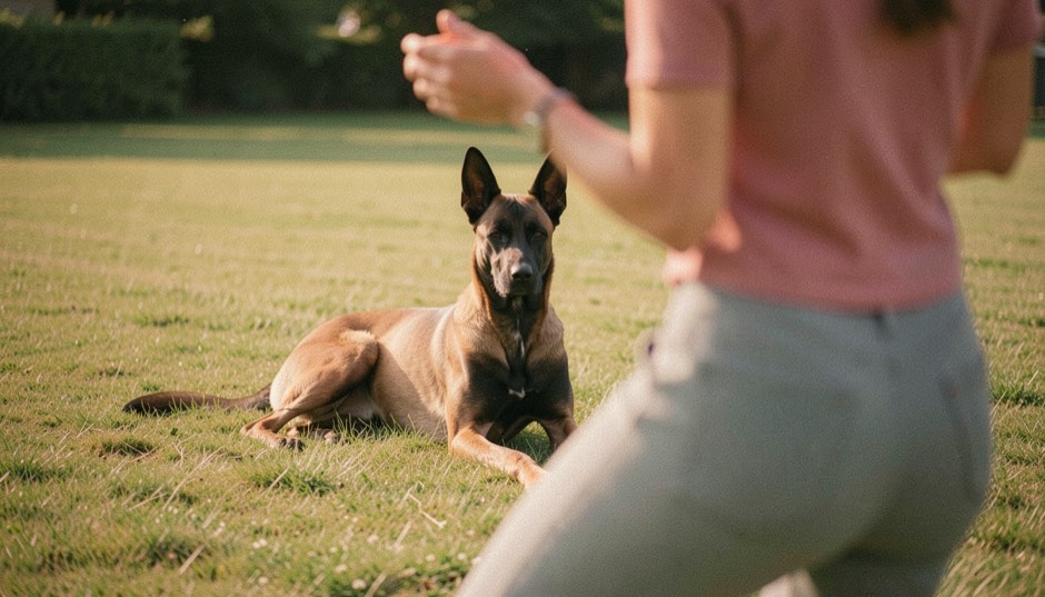 Belgischer Schäferhund Malinois, mit aufrechten dreieckigen Ohren und schlankem, quadratischem Körperbau, kurzhaarig, falbfarben mit schwarzer Maske, liegt aufmerksam im Platz allein mitten auf einer großen gemähten Wiese und schaut nach vorn, im unscharfen Vordergrund Rücken und erhobene Hand einer Hundeführerin, warmes Nachmittagslicht