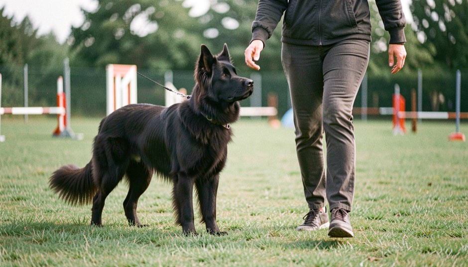 Belgischer Schäferhund Groenendael, mit aufrechten dreieckigen Ohren und schlankem, quadratischem Körperbau, langhaarig, ganz schwarz, geht an lockerer Leine neben einer Hundeführerin über den kurz gemähten Rasen eines Übungsplatzes und schaut aufmerksam zu ihr hinüber, von der Hundeführerin nur Beine und Hände im Bild, dahinter unscharf rot-weiße Hürdenstangen