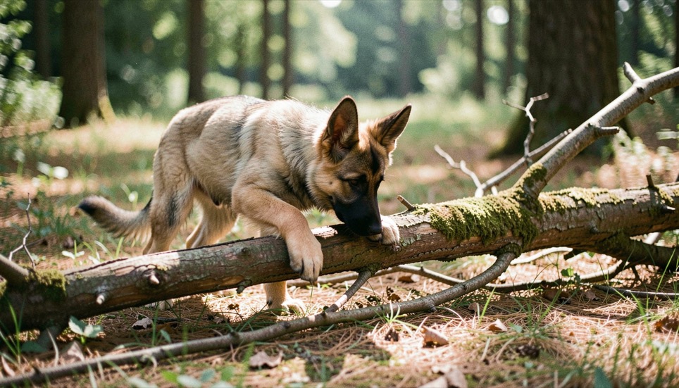Wenige Monate alter Welpe eines Belgischen Schäferhundes, Varietät Tervueren, mit aufrechten dreieckigen Ohren und schlankem, quadratischem Körperbau, langhaarig, falbfarben mit schwarzer Maske und schwarzen Haarspitzen, schnuppert vorsichtig an einem umgefallenen Baumstamm auf einer sonnigen Waldlichtung